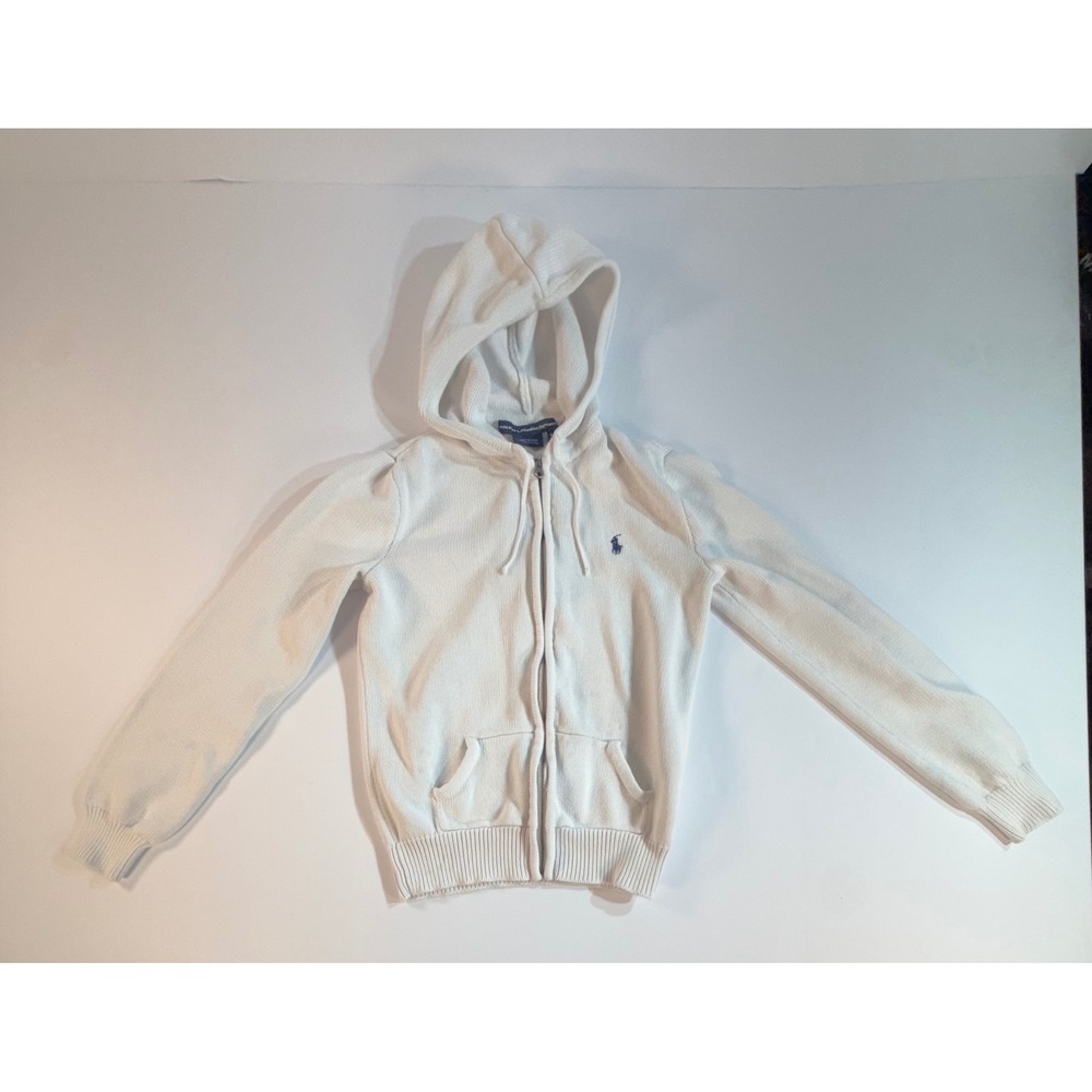 Ralph Lauren Sport Womens White Cotton Knit Full Zip Hoodie Sweater Small